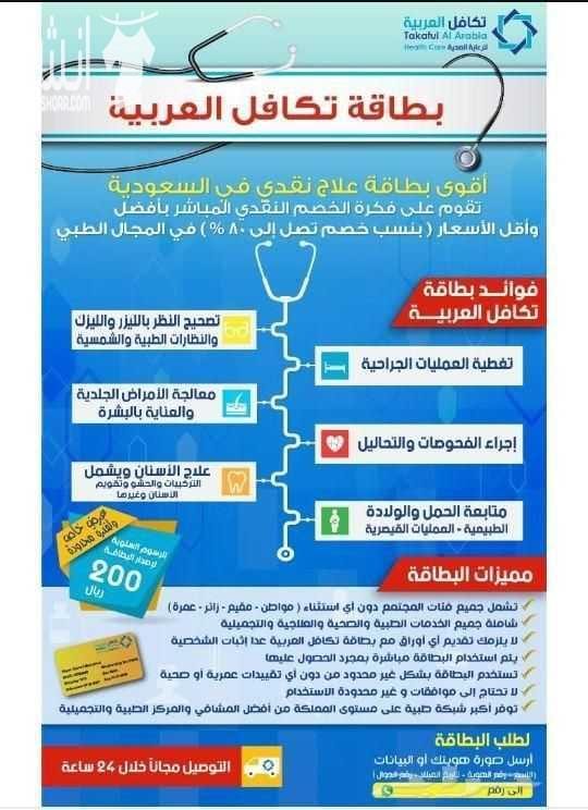 ???????? لمن ليس لديه تأمين ويعاني من ارتفاع التكاليف الطبية ولا يستطيع إستكمال علاجه ???????? نحن نوفر لكم بطاقة تكافل العربية للخصومات الطبية بخصم يصل حتى 90% لأكثر من 2300 مستشفى ومستوصف حول المم...